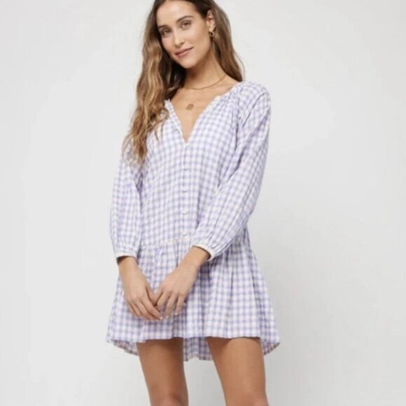 L*Space Vida Mini Dress Size XS Purple Park Slope Gingham Button-Up Swim Coverup - Picture 1 of 16